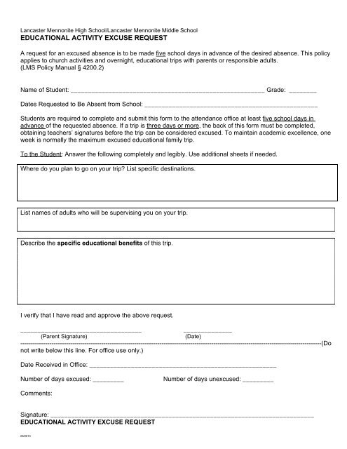 Educational Trip Excuse Form - Lancaster Mennonite School