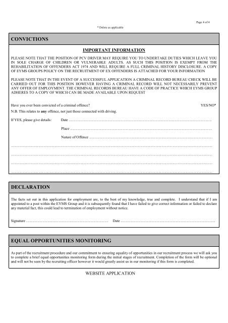 Application and health questionnaire