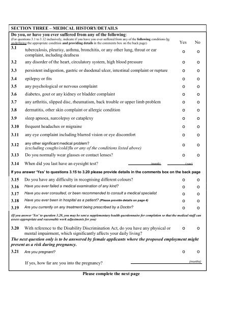 Application and health questionnaire