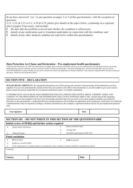 Application and health questionnaire