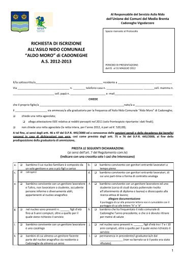 Modulo iscrizione Nido - a.s. 2012/2013 - Unione dei Comuni del ...
