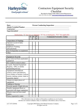 Contractors Equipment Security Checklist - Harleysville Insurance