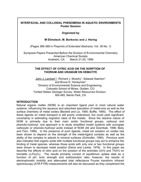 THE EFFECT OF CITRIC ACID ON THE SORPTION OF THORIUM ...