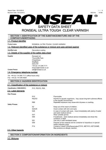 safety data sheet ronseal ultra tough clear varnish - Toolbank