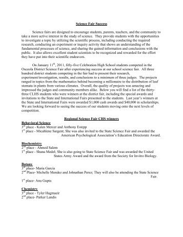 Science Fair Article for Newsletter - Celebration High School