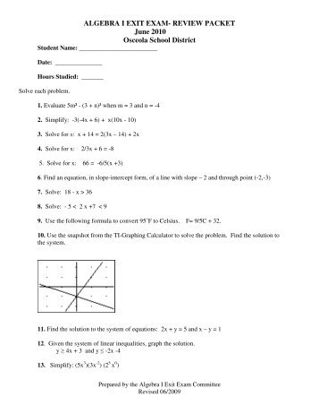 ALGEBRA I EXIT EXAM- REVIEW PACKET June 2010 Osceola ...