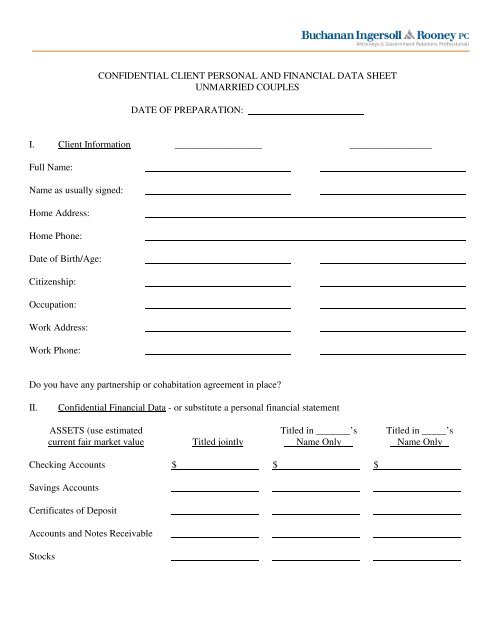 confidential client personal and financial data sheet