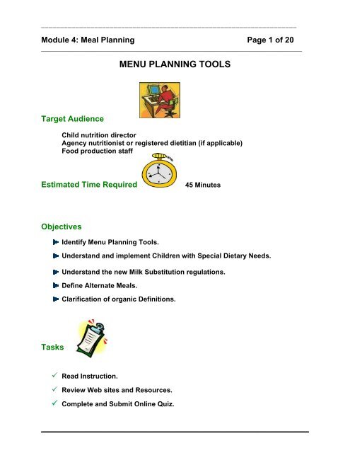 Menu Planning Tools - Nutrition, Food Science, and Packaging