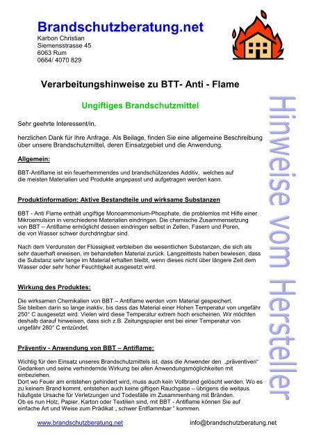 Verarbeitungshinweise zu BTT- Anti - Brandschutzberatung.net