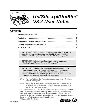 UniSite-xpi/UniSite V8.2 User Notes Contents - Data I/O Corporation