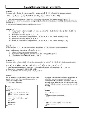 GÃ©omÃ©trie analytique exercices