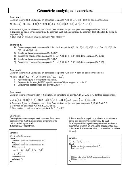 GÃ©omÃ©trie analytique exercices