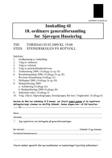 Innkalling til 18. ordinære generalforsamling for Sjøvegen Huseierlag
