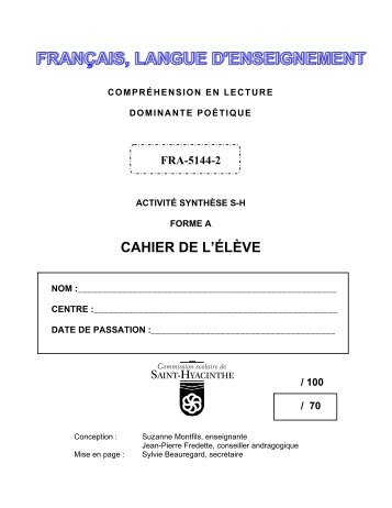 CAHIER DE L'ÉLÈVE