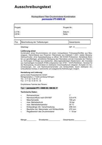 Ausschreibungstext - Perma-Trade Wassertechnik GmbH