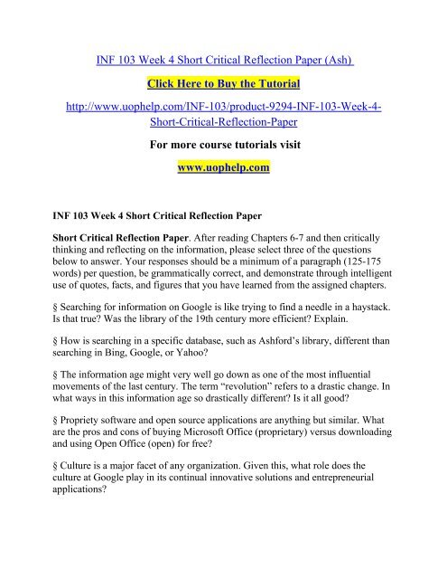 INF 103 Week 4 Short Critical Reflection Paper/Uophelp