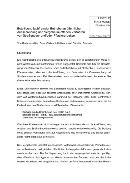 Beteiligung fachfremder Betriebe an - Einfeld, Halfmann, Biernoth