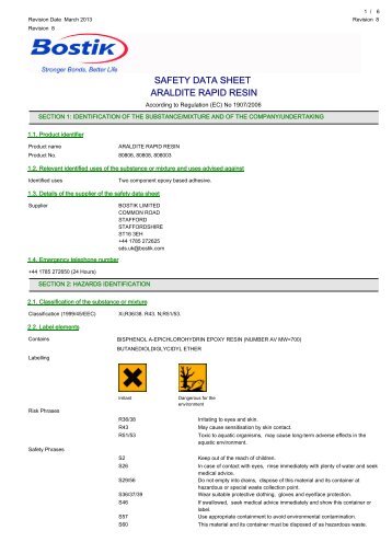 safety data sheet araldite rapid resin - Toolbank