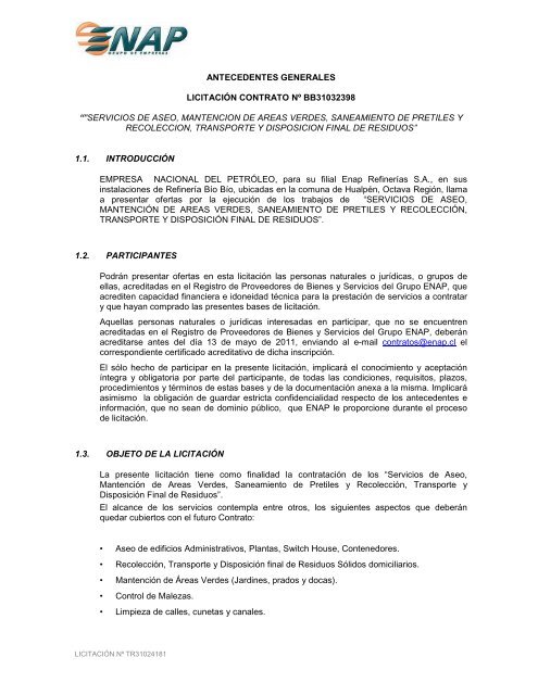 antecedentes generales licitación contrato nº bb31032398 - Enap