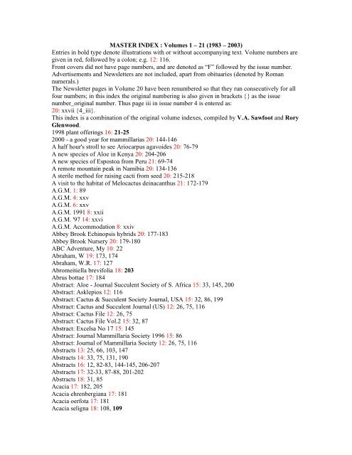 MASTER INDEX : Volumes 1 – 21 - British Cactus & Succulent Society