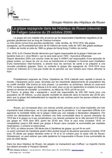 La grippe espagnole dans les HÃ´pitaux de Rouen ... - CHU de Rouen