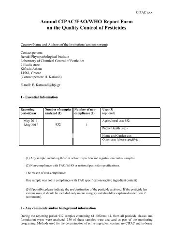 Annual CIPAC/FAO/WHO Report Form on the Quality Control of ...