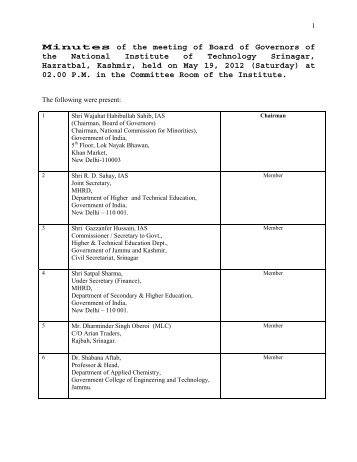 Minutes of the meeting of Board of Governors of the ... - NIT Srinagar