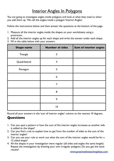 Interior Angles In Polygons Investigation Great Maths