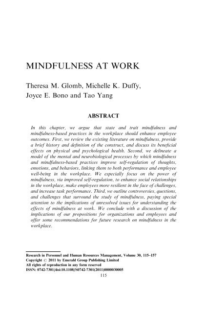 Mindfulness at work (Glomb, Duffy et al, 2012) - Human Resources