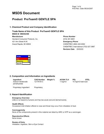 Gentle Spa MSDS - ProTeam Pool Care