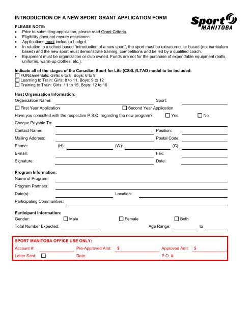 introduction of a new sport grant application form - Sport Manitoba