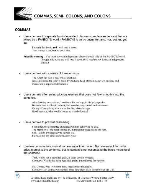 Commas, Semicolons, Colons - University of Delaware