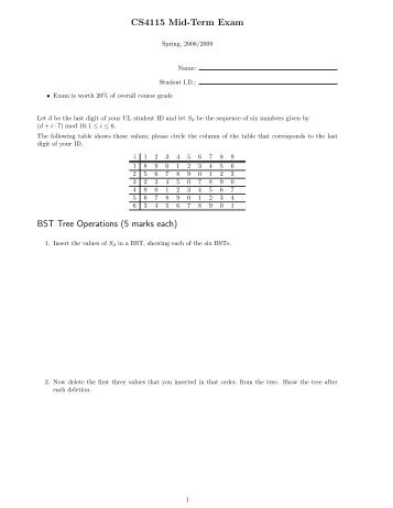 CS4115 Mid-Term Exam BST Tree Operations (5 marks each)