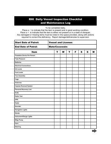 RHI Daily Vessel Inspection Checklist and Maintenance Log