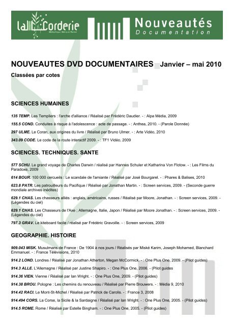 NOUVEAUTES DVD DOCUMENTAIRES Janvier â mai 2010