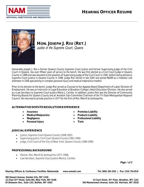 Hon. Joseph J. Risi - National Arbitration and Mediation