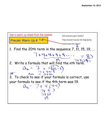 1. Find the 20th term in the sequence 7, 11, 15, 19 ... - debbiebaker