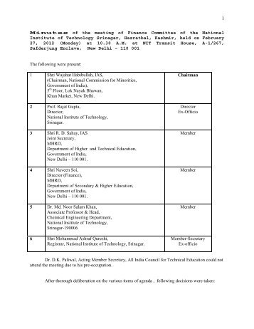 Minutes of the meeting of Finance Committee of the ... - NIT Srinagar