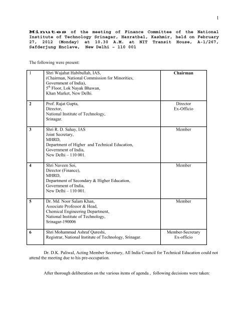 Minutes of the meeting of Finance Committee of the ... - NIT Srinagar