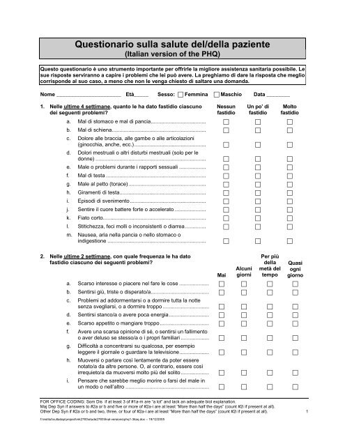 Questionario sulla salute del/della paziente