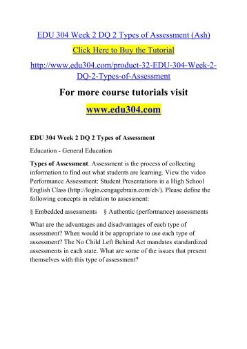 EDU 304 Week 2 DQ 2 Types of Assessment (Ash)