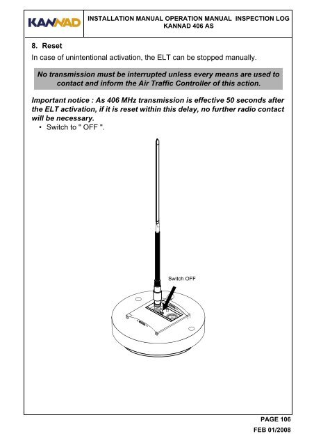 installation manual operation manual inspection log kannad 406 as