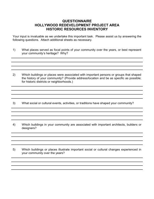 questionnaire hollywood redevelopment project area historic ...