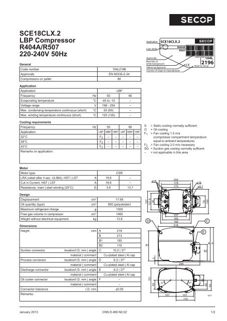 SCE18CLX.2 LBP Compressor R404A/R507 220-240V 50Hz - Secop