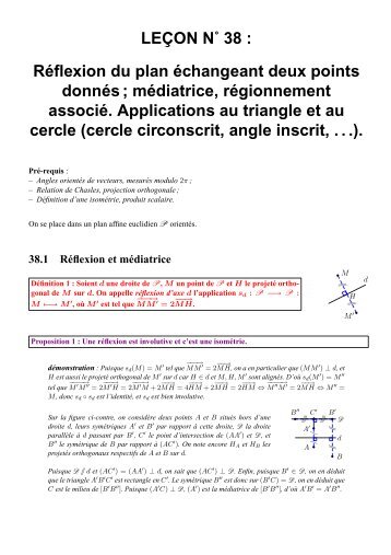 LEÃON NË 38 : RÃ©flexion du plan Ã©changeant ... - CAPES de Maths