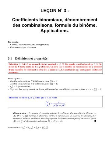 LEÃON NË 3 : Coefficients binomiaux ... - CAPES de Maths