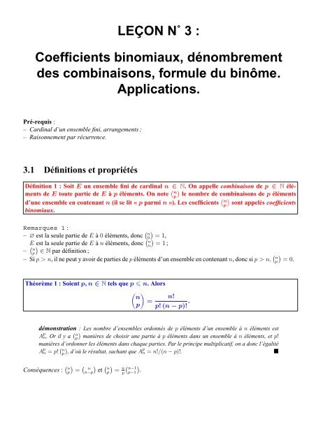 LE ON N 3 Coefficients Binomiaux CAPES De Maths