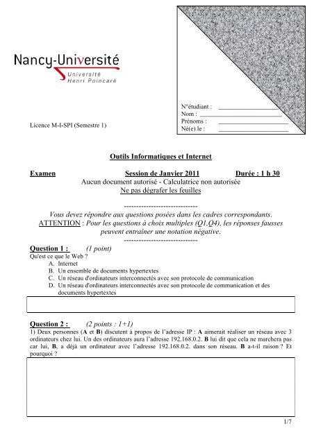 Outils Informatiques et Internet Examen Session de Janvier 2011 ...