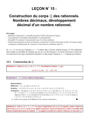 Construction du corps Q des rationnels. Nombres ... - CAPES de Maths