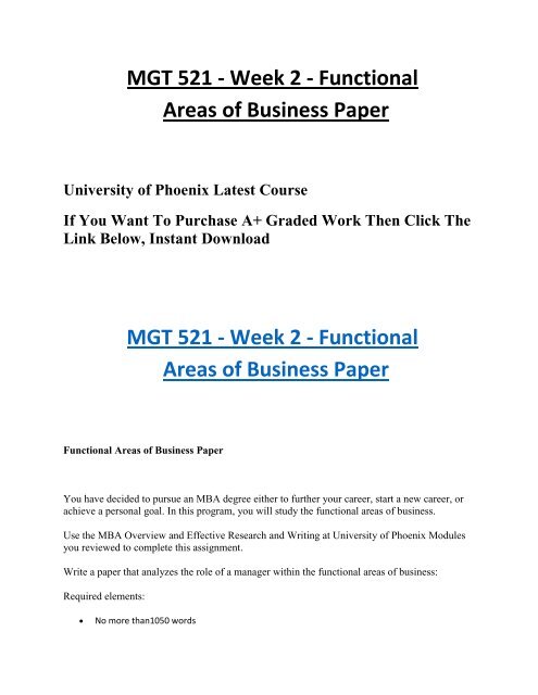 MGT 521 Week 2 Functional Areas of Business Paper UOP Students